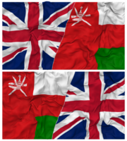 Oman en Verenigde koninkrijk voor de helft gecombineerd vlaggen achtergrond met kleding buil textuur, bilateraal relaties, vrede en conflict, 3d renderen png