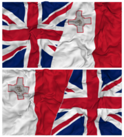 Malta en Verenigde koninkrijk voor de helft gecombineerd vlaggen achtergrond met kleding buil textuur, bilateraal relaties, vrede en conflict, 3d renderen png