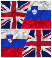 Slovenië en Verenigde koninkrijk voor de helft gecombineerd vlaggen achtergrond met kleding buil textuur, bilateraal relaties, vrede en conflict, 3d renderen png