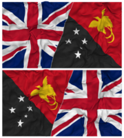 Papua Neu Guinea und vereinigt Königreich Hälfte kombiniert Flaggen Hintergrund mit Stoff stoßen Textur, bilateral Beziehungen, Frieden und Konflikt, 3d Rendern png