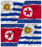 Nord Corée et Uruguay moitié combiné drapeaux Contexte avec tissu bosse texture, bilatéral rapports, paix et conflit, 3d le rendu png