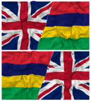 Mauritius und vereinigt Königreich Hälfte kombiniert Flaggen Hintergrund mit Stoff stoßen Textur, bilateral Beziehungen, Frieden und Konflikt, 3d Rendern png