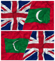 Maldives et uni Royaume moitié combiné drapeaux Contexte avec tissu bosse texture, bilatéral rapports, paix et conflit, 3d le rendu png