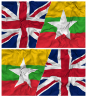 Myanmar, Burma and United Kingdom Half Combined Flags Background with Cloth Bump Texture, Bilateral Relations, Peace and Conflict, 3D Rendering png