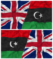 libyen och förenad rike halv kombinerad flaggor bakgrund med trasa stöta textur, bilateral relationer, fred och konflikt, 3d tolkning png