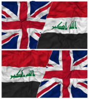 Irak en Verenigde koninkrijk voor de helft gecombineerd vlaggen achtergrond met kleding buil textuur, bilateraal relaties, vrede en conflict, 3d renderen png