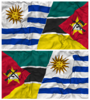 Mozambique en Uruguay voor de helft gecombineerd vlaggen achtergrond met kleding buil textuur, bilateraal relaties, vrede en conflict, 3d renderen png