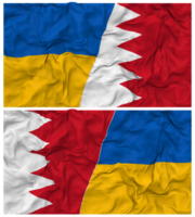 Bahrain und Ukraine Hälfte kombiniert Flaggen Hintergrund mit Stoff stoßen Textur, bilateral Beziehungen, Frieden und Konflikt, 3d Rendern png