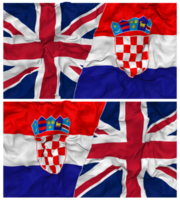 Croatie et uni Royaume moitié combiné drapeaux Contexte avec tissu bosse texture, bilatéral rapports, paix et conflit, 3d le rendu png