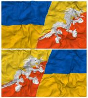 Bután y Ucrania medio conjunto banderas antecedentes con paño bache textura, bilateral relaciones, paz y conflicto, 3d representación png