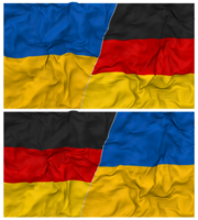 Tyskland och ukraina halv kombinerad flaggor bakgrund med trasa stöta textur, bilateral relationer, fred och konflikt, 3d tolkning png