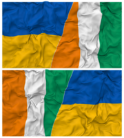 marfim costa e Ucrânia metade combinado bandeiras fundo com pano colisão textura, bilateral relações, Paz e conflito, 3d Renderização png