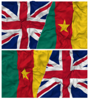 Cameroun et uni Royaume moitié combiné drapeaux Contexte avec tissu bosse texture, bilatéral rapports, paix et conflit, 3d le rendu png