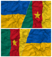 Camarões e Ucrânia metade combinado bandeiras fundo com pano colisão textura, bilateral relações, Paz e conflito, 3d Renderização png