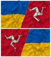 île de homme et Ukraine moitié combiné drapeaux Contexte avec tissu bosse texture, bilatéral rapports, paix et conflit, 3d le rendu png