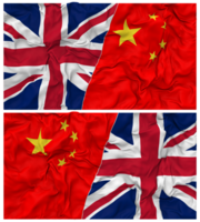 China und vereinigt Königreich Hälfte kombiniert Flaggen Hintergrund mit Stoff stoßen Textur, bilateral Beziehungen, Frieden und Konflikt, 3d Rendern png