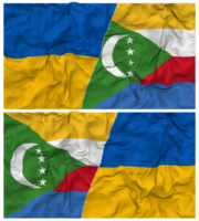 Comoros and Ukraine Half Combined Flags Background with Cloth Bump Texture, Bilateral Relations, Peace and Conflict, 3D Rendering png