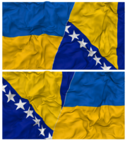 Bosnia and Herzegovina and Ukraine Half Combined Flags Background with Cloth Bump Texture, Bilateral Relations, Peace and Conflict, 3D Rendering png