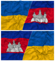 Cambodia and Ukraine Half Combined Flags Background with Cloth Bump Texture, Bilateral Relations, Peace and Conflict, 3D Rendering png