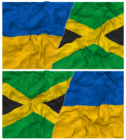 Jamaica en Oekraïne voor de helft gecombineerd vlaggen achtergrond met kleding buil textuur, bilateraal relaties, vrede en conflict, 3d renderen png