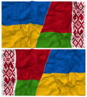 bielorrusia y Ucrania medio conjunto banderas antecedentes con paño bache textura, bilateral relaciones, paz y conflicto, 3d representación png