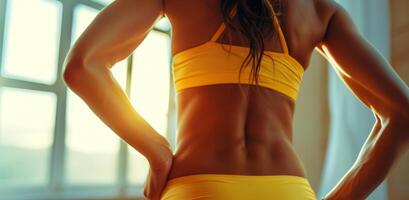 A woman in a yellow bikini stands with hands on hips near window photo