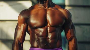 Muscular bodybuilder in purple shorts showcasing his defined chest and arms photo