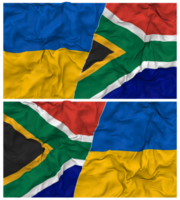 Sud Afrique et Ukraine moitié combiné drapeaux Contexte avec tissu bosse texture, bilatéral rapports, paix et conflit, 3d le rendu png