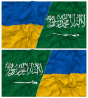 KSA, Kingdom of Saudi Arabia and Ukraine Half Combined Flags Background with Cloth Bump Texture, Bilateral Relations, Peace and Conflict, 3D Rendering png