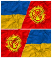 Quirguistão e Ucrânia metade combinado bandeiras fundo com pano colisão textura, bilateral relações, Paz e conflito, 3d Renderização png