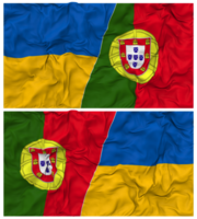 Portugal en Oekraïne voor de helft gecombineerd vlaggen achtergrond met kleding buil textuur, bilateraal relaties, vrede en conflict, 3d renderen png