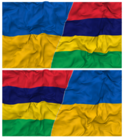 Mauritius und Ukraine Hälfte kombiniert Flaggen Hintergrund mit Stoff stoßen Textur, bilateral Beziehungen, Frieden und Konflikt, 3d Rendern png