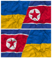 Nord Corée et Ukraine moitié combiné drapeaux Contexte avec tissu bosse texture, bilatéral rapports, paix et conflit, 3d le rendu png