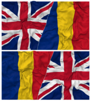 Roumanie et uni Royaume moitié combiné drapeaux Contexte avec tissu bosse texture, bilatéral rapports, paix et conflit, 3d le rendu png