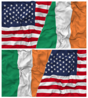 Ireland and United States Half Combined Flags Background with Cloth Bump Texture, Bilateral Relations, Peace and Conflict, 3D Rendering png