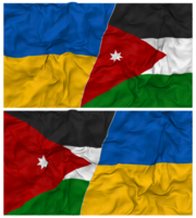 Jordânia e Ucrânia metade combinado bandeiras fundo com pano colisão textura, bilateral relações, Paz e conflito, 3d Renderização png