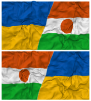 Niger und Ukraine Hälfte kombiniert Flaggen Hintergrund mit Stoff stoßen Textur, bilateral Beziehungen, Frieden und Konflikt, 3d Rendern png