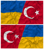 dinde et Ukraine moitié combiné drapeaux Contexte avec tissu bosse texture, bilatéral rapports, paix et conflit, 3d le rendu png