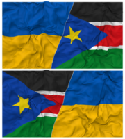 söder sudan och ukraina halv kombinerad flaggor bakgrund med trasa stöta textur, bilateral relationer, fred och konflikt, 3d tolkning png