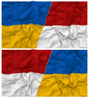 Mónaco y Ucrania medio conjunto banderas antecedentes con paño bache textura, bilateral relaciones, paz y conflicto, 3d representación png