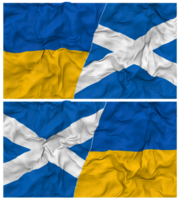 Schotland en Oekraïne voor de helft gecombineerd vlaggen achtergrond met kleding buil textuur, bilateraal relaties, vrede en conflict, 3d renderen png