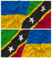 Saint kitts et nevis et Ukraine moitié combiné drapeaux Contexte avec tissu bosse texture, bilatéral rapports, paix et conflit, 3d le rendu png