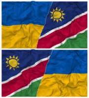 Namibië en Oekraïne voor de helft gecombineerd vlaggen achtergrond met kleding buil textuur, bilateraal relaties, vrede en conflict, 3d renderen png