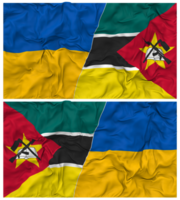 Moçambique e Ucrânia metade combinado bandeiras fundo com pano colisão textura, bilateral relações, Paz e conflito, 3d Renderização png