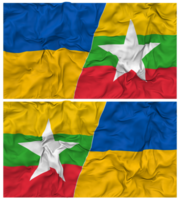 Myanmar, Burma and Ukraine Half Combined Flags Background with Cloth Bump Texture, Bilateral Relations, Peace and Conflict, 3D Rendering png