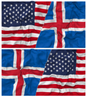 Islande et uni États moitié combiné drapeaux Contexte avec tissu bosse texture, bilatéral rapports, paix et conflit, 3d le rendu png