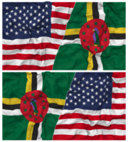 dominica en Verenigde staten voor de helft gecombineerd vlaggen achtergrond met kleding buil textuur, bilateraal relaties, vrede en conflict, 3d renderen png