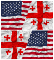 Georgië en Verenigde staten voor de helft gecombineerd vlaggen achtergrond met kleding buil textuur, bilateraal relaties, vrede en conflict, 3d renderen png