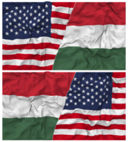 Hungria e Unidos estados metade combinado bandeiras fundo com pano colisão textura, bilateral relações, Paz e conflito, 3d Renderização png