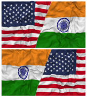 Indië en Verenigde staten voor de helft gecombineerd vlaggen achtergrond met kleding buil textuur, bilateraal relaties, vrede en conflict, 3d renderen png